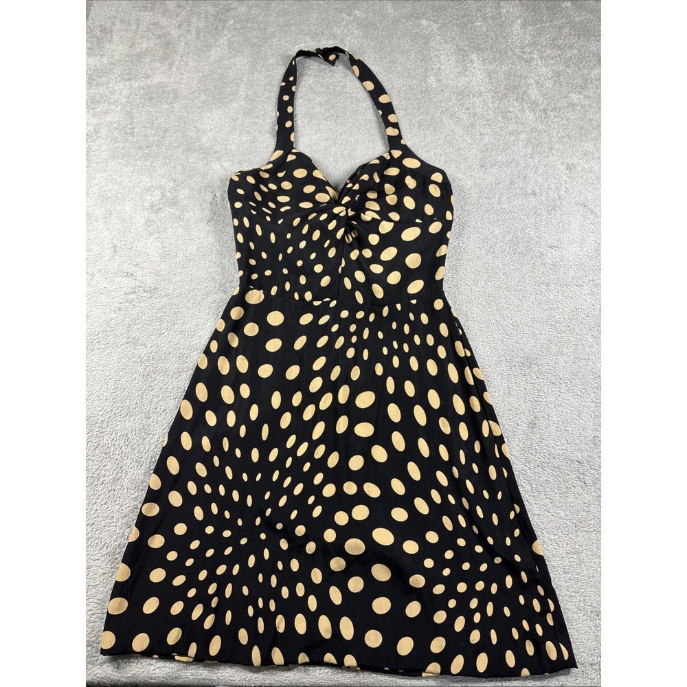 Nicole Miller Studio Halter Silk Dress Black Gold Polka Dot Body Con 0